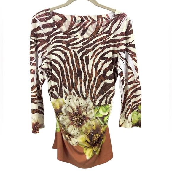 Vintage Cache Womens Y2K Floral Animal Print Top Size L Beaded 3/4 Sleeve USA - Picture 1 of 10